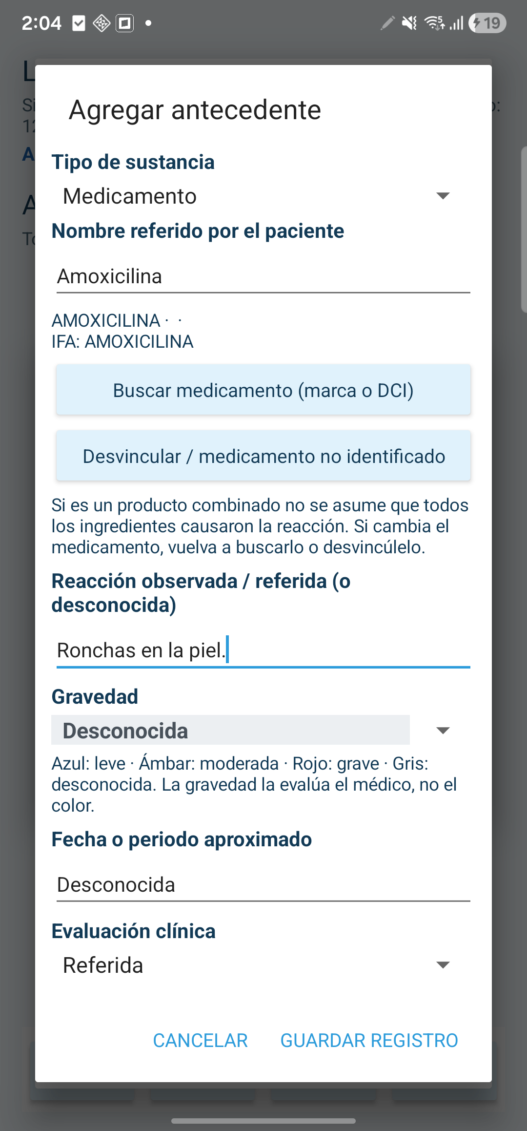 Registrar una alergia o reacción