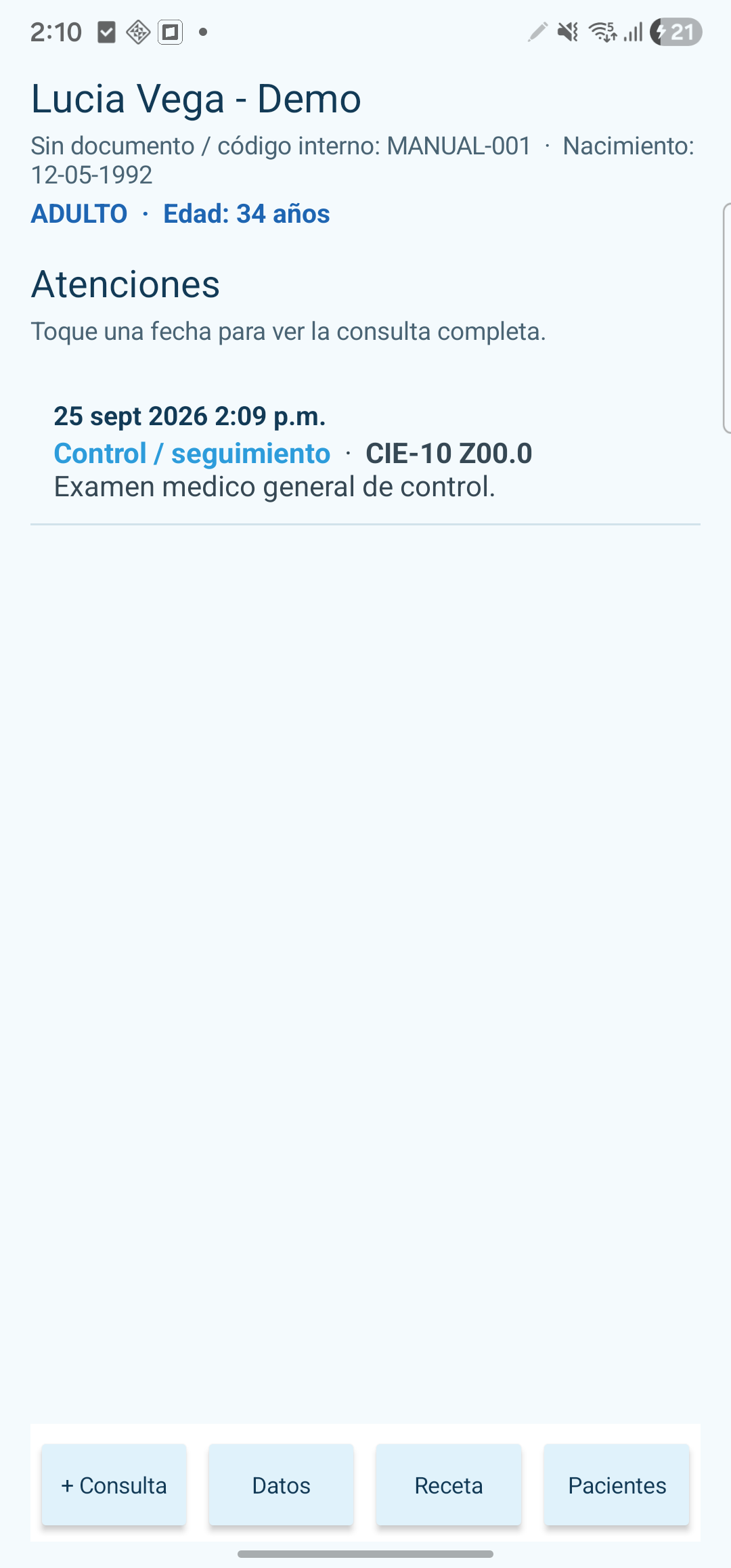 Historial de atenciones de un paciente de demostración en SuperGaleno para Android