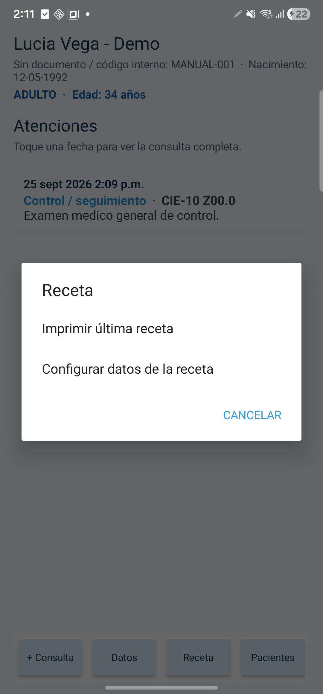 Opciones de receta