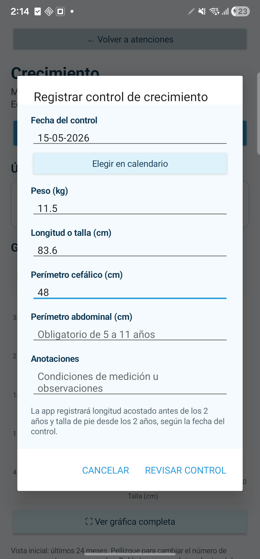 Registrar un control de crecimiento
