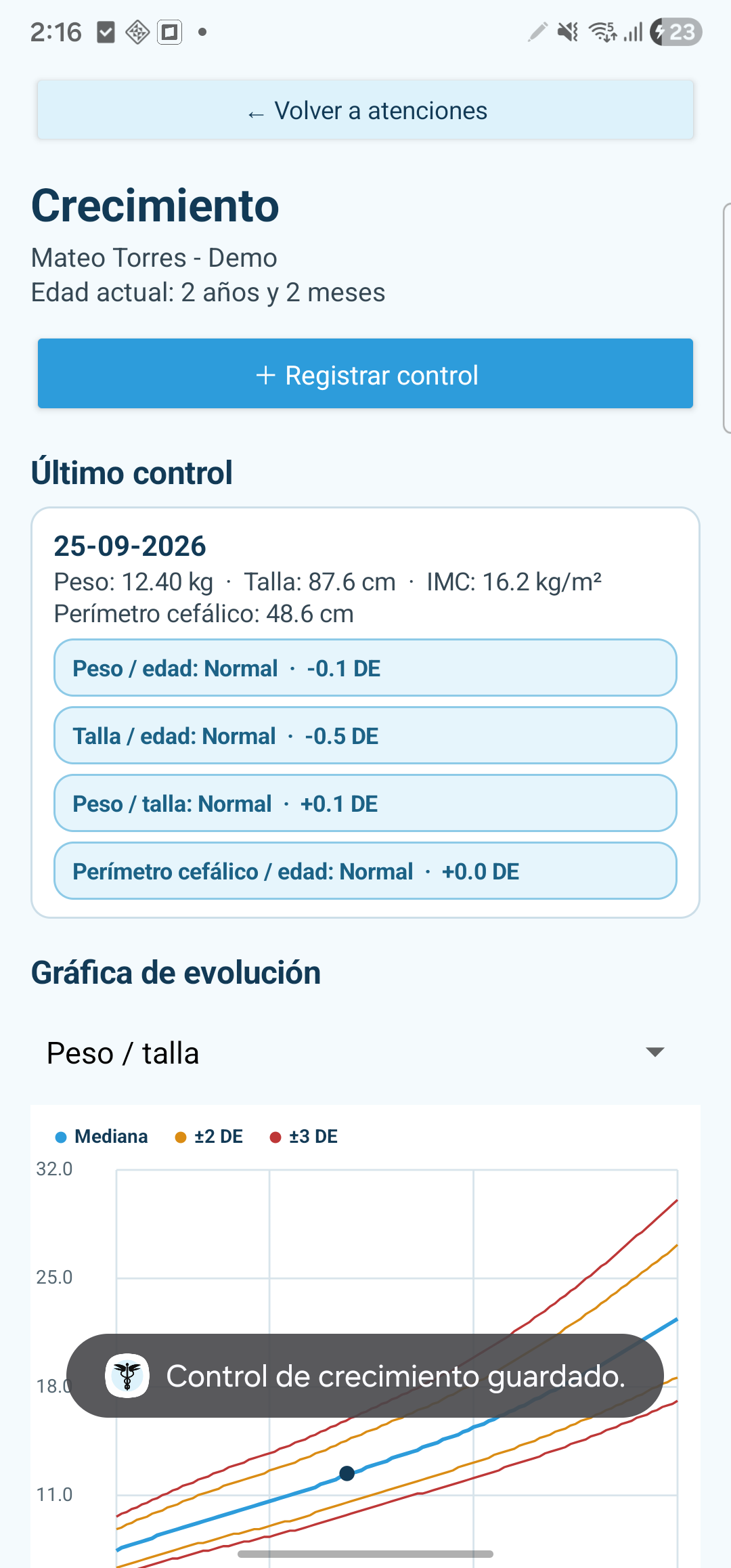 Pantalla de seguimiento del crecimiento en SuperGaleno para Android